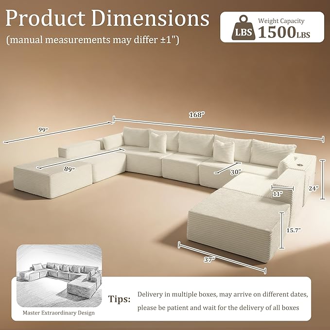 168" Cloud Sectional Couch, Comfort U Shaped Sofa
