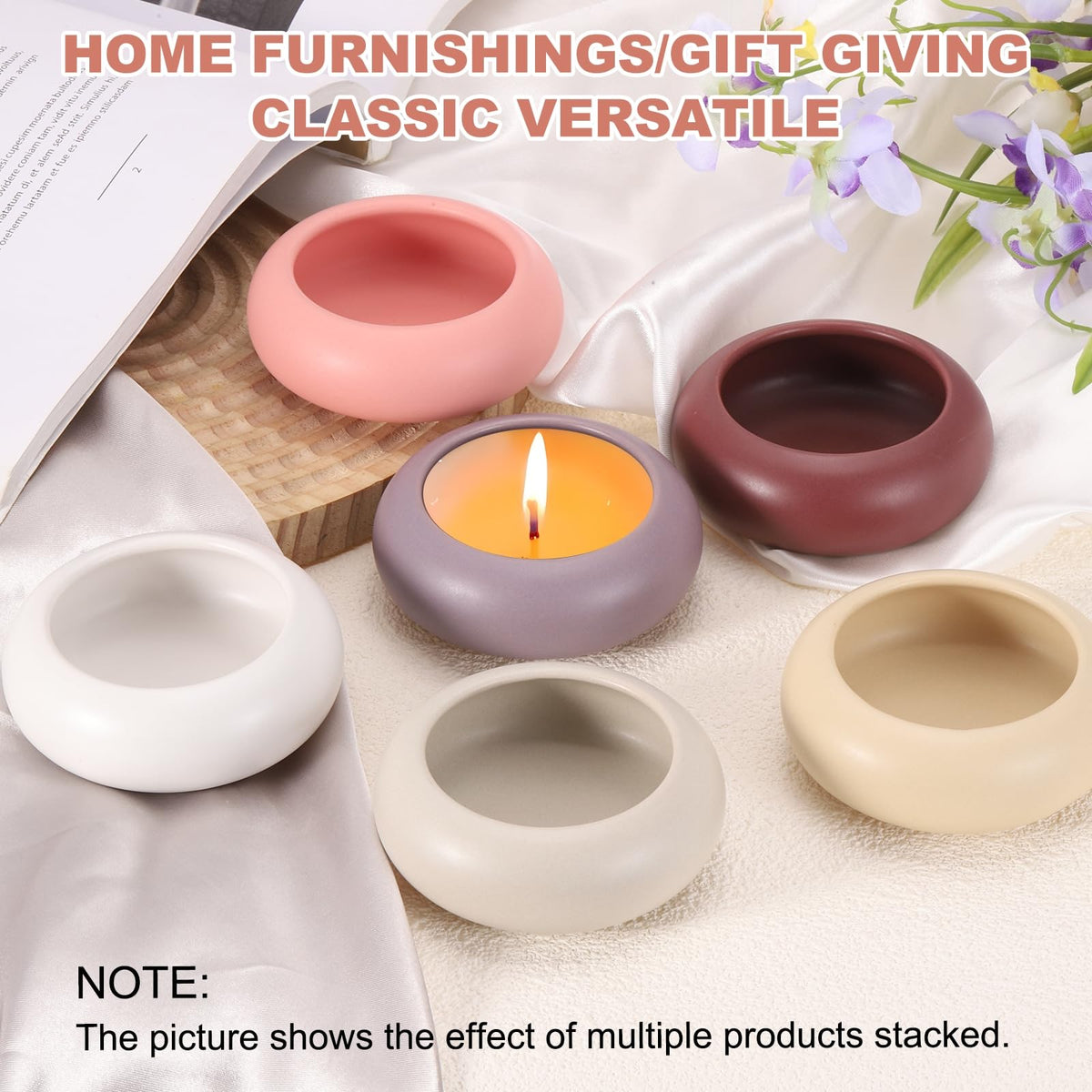 MECCANIXITY Pebble Tealight Candle Holders 4 Pcs Ceramic Candle Holders for Garden Desk Table Home Decor, Beige