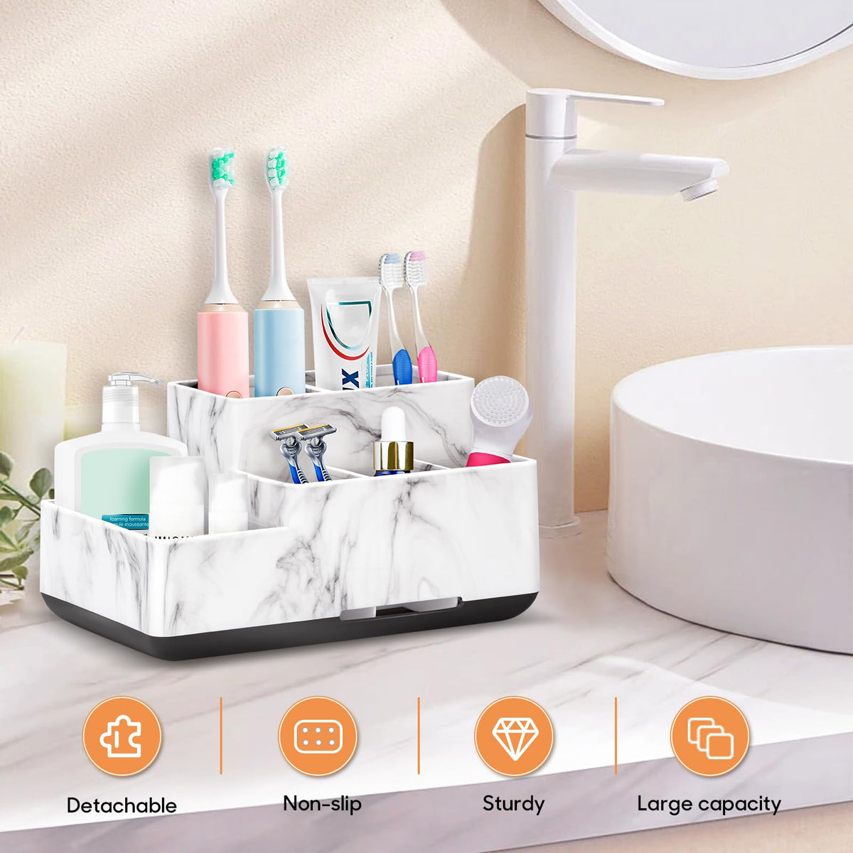 Detachable Toothbrush and Toothpaste Holder for Bathroom Countertop, Large Bathroom Organizer Storage Anti-Slip for Shower, Kitchen, Kids, Family, Multifunction Toothbrush Holders Marble Silver