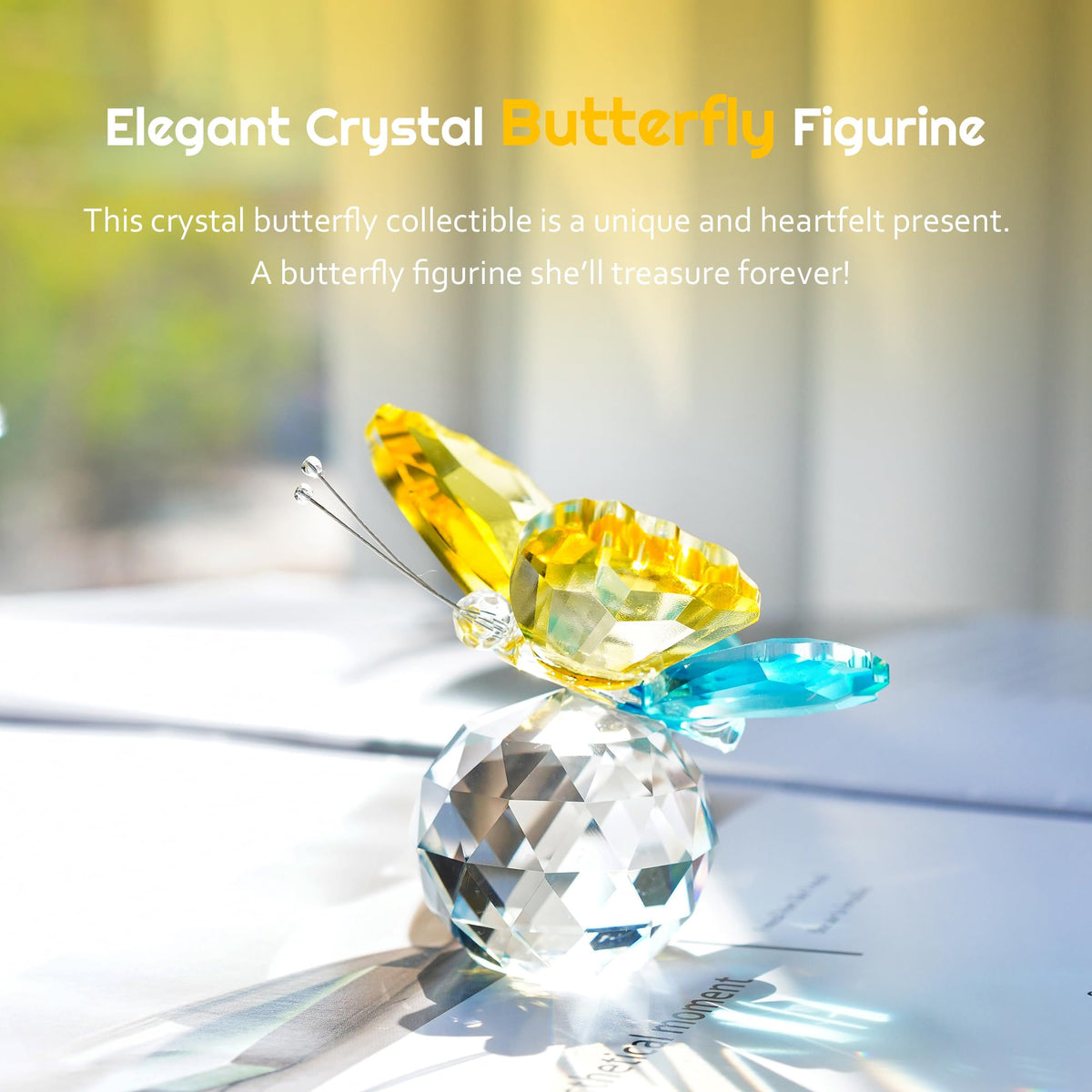 H&D HYALINE & DORA Crystal Butterfly Figurines Gifts for Women, Flying Butterfly Collectible Figurines Paperweights for Tabletop Home Decor (Yellow & Cyan-Blue)