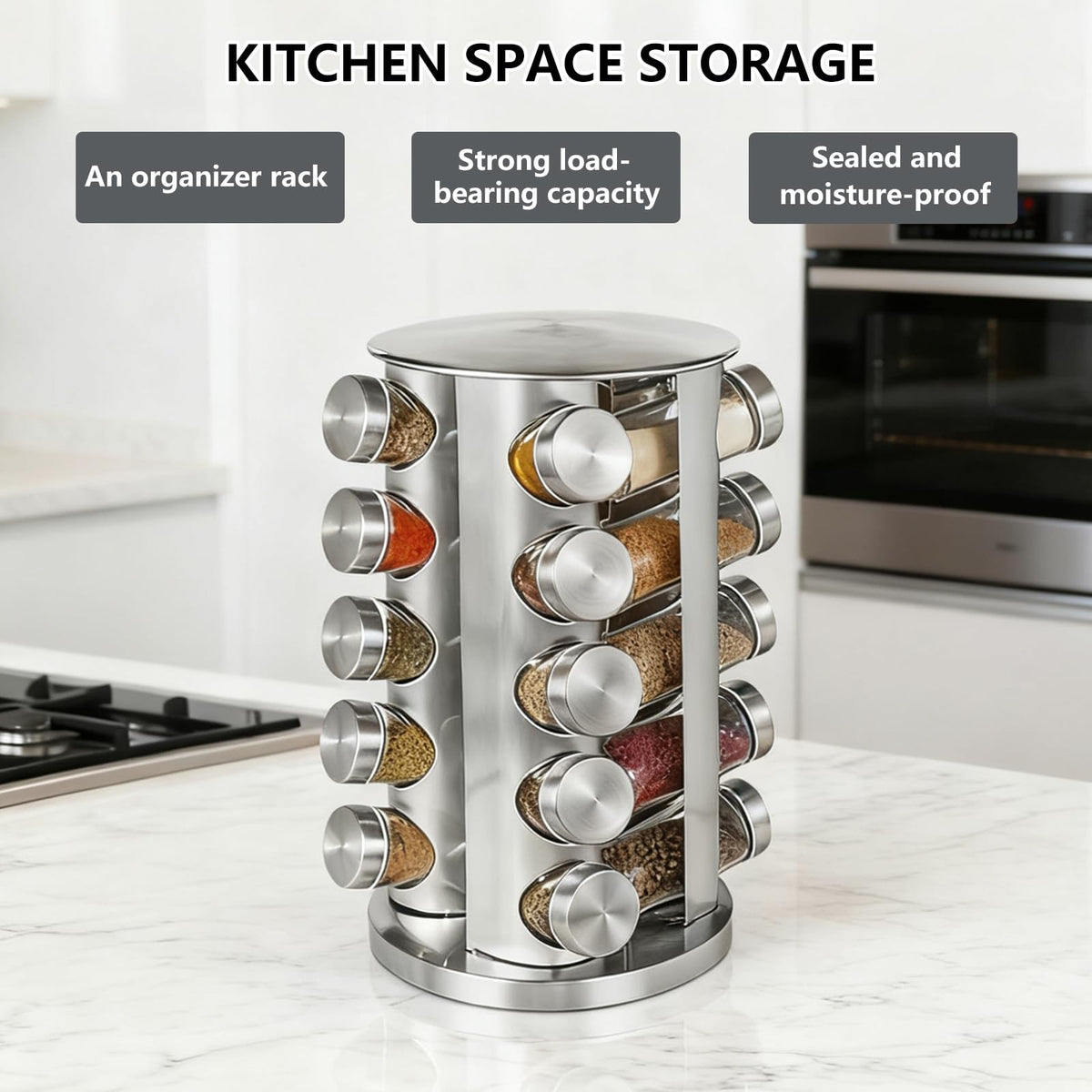 Wintline 20-Jar Revolving Spice Rack, Stainless Steel Seasoning Organizer for Cabinet or Countertop, with Black Caps