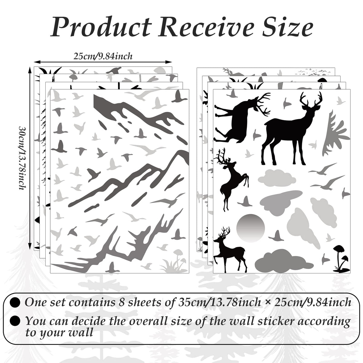Teling 8 Pieces Winter Snowflake Wall Decals Stickers Dreamy Nursery Forest Woodland Trees Deer Pine Tree Wall Decals for Kids Room Winter Decor(Black, White, Gray)