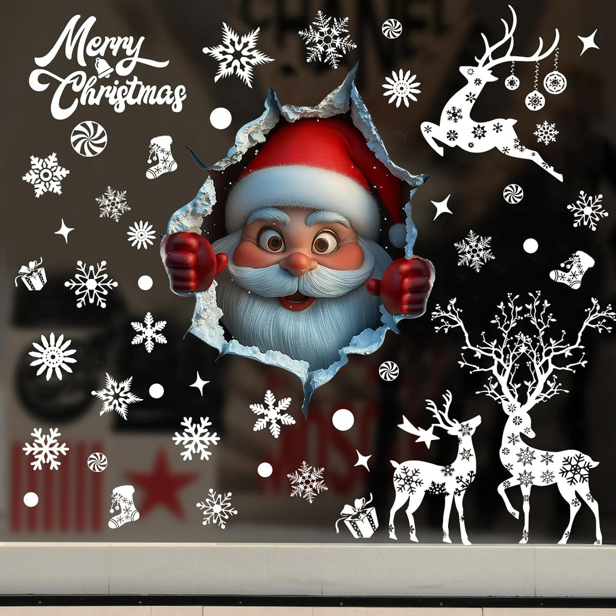 Christmas Window Clings Double Sided 3D Santa Claus Window Stickers Christmas Decorations Removable Reindeer Snowflake Vinyl Decals for Glass Windows, Home, Shop, Office, Holiday Party Xmas Decor