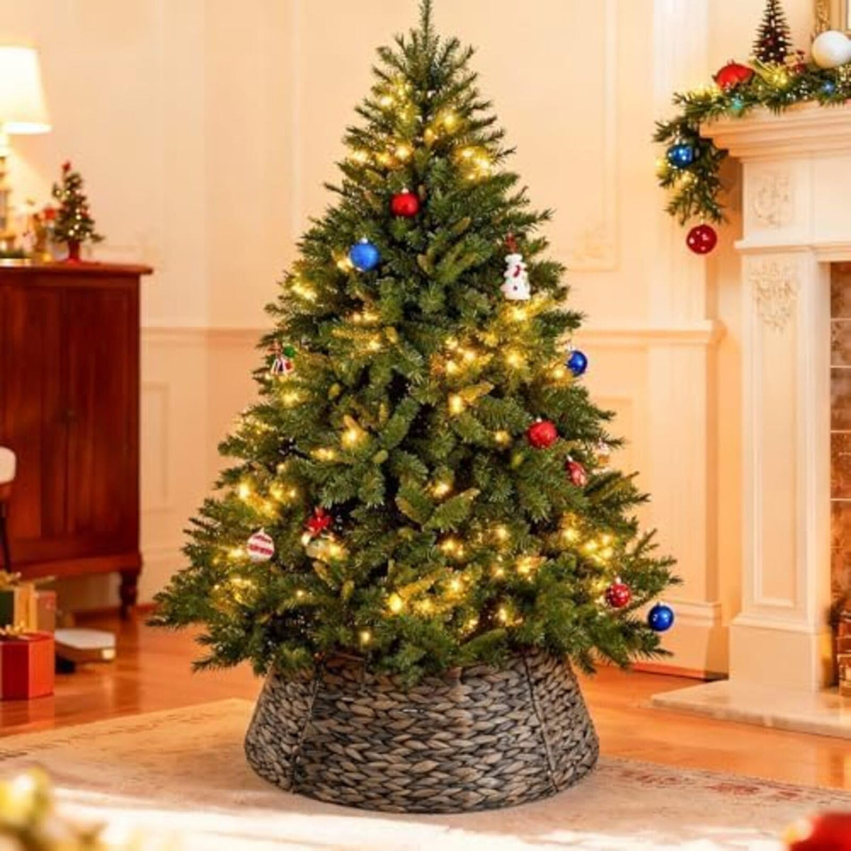 Sweetcrispy 24inch Christmas Tree Collar for 4.5-6ft Trees, Woven Hyacinth Rattan 4-Panel Collar w/Cord Access Hole & Easy Lock Design, Handwoven, Black