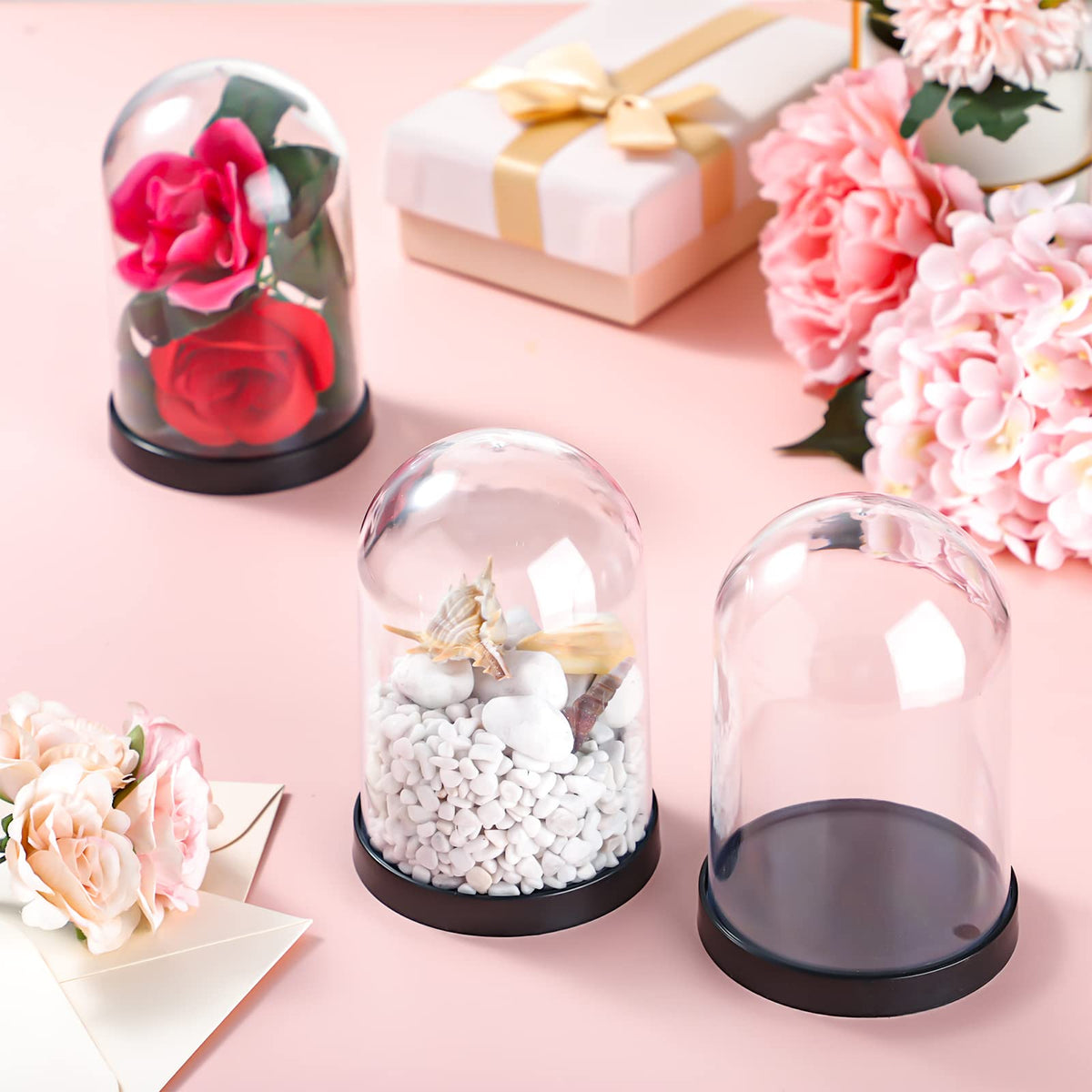 Zhengmy Plastic Dome Display Case Cloche Bell Jar with Base Clear for Collectibles Rose Office Home Tabletop Centerpiece Decoration(4 Pieces)