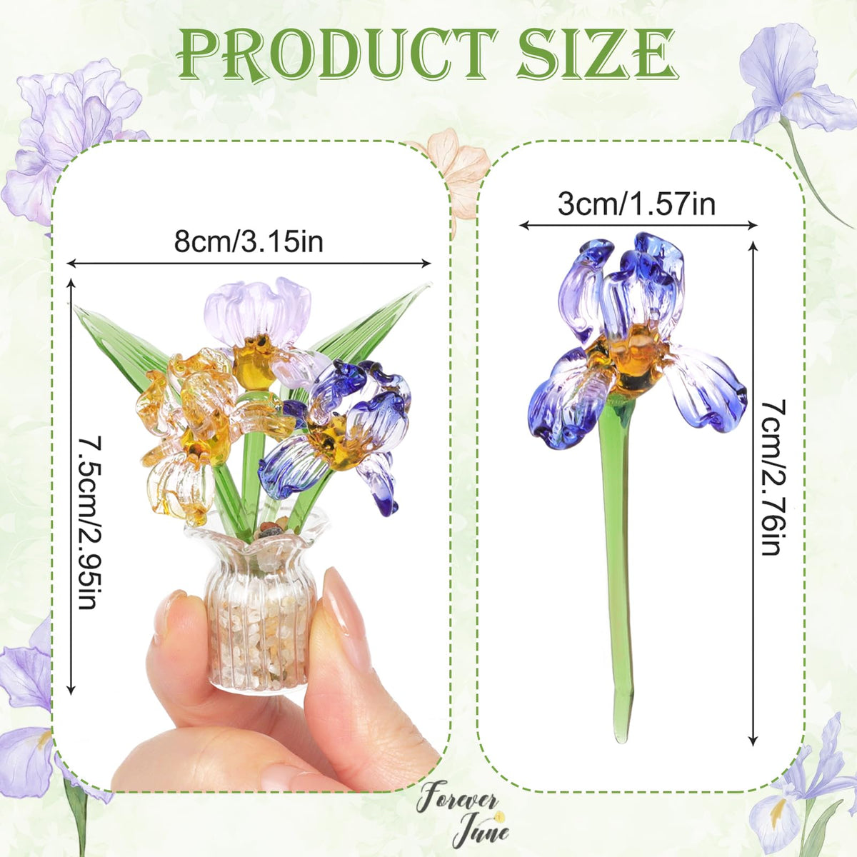 Lovmeety Mini Glass Flowers with Vase, Handmade Crystal Flowers Decor Iris Flower Arrangements Glass Flower Bouquet for Home Office Shelf Table Centerpiece Gift for Women