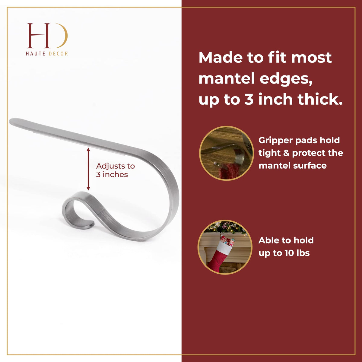 Haute Decor The Original MantleClip Stocking Holder - 6 Pack (Silver) - Safe and Secure - Adjusts to Fit Mantels Up to 3 Inches Thick