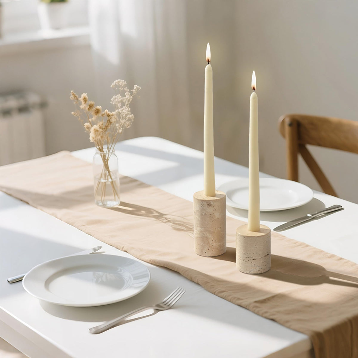 WORHE Candle Holders True Natural Marble Set of 2 Decorative Candlestick Holder for Table Centerpieces Home Dinning Party Wedding Birthday Premium Candles Stand for 3/4 inch Candles Beige (ZT017R)