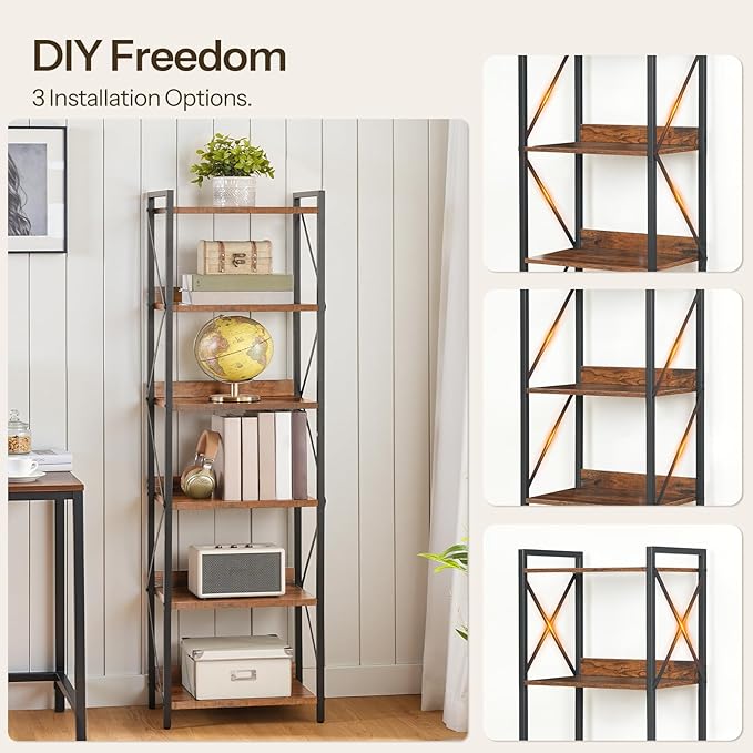 HOOBRO Bookshelf, 6-Tier Industrial Bookcase, Book Shelf Storage Organizer