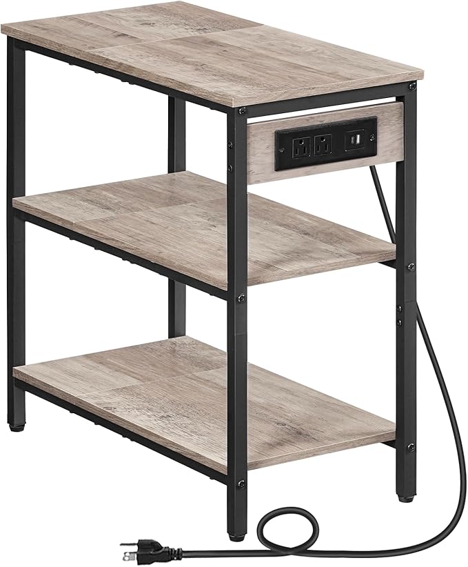 HOOBRO End Table with Charging Station, Simple Rustic Side Table with 3-Tier
