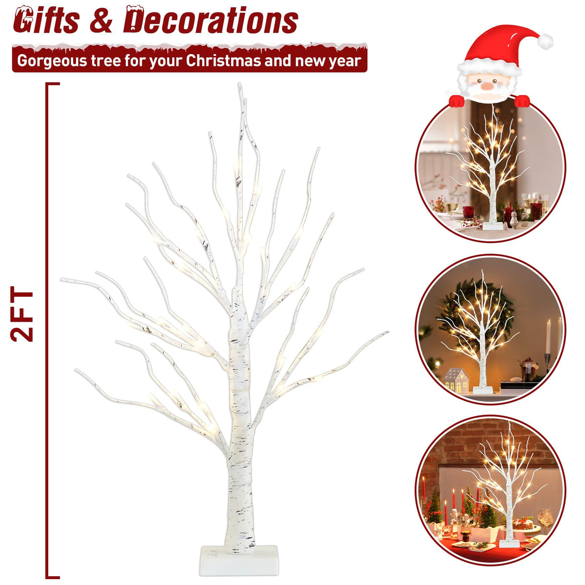 PEIDUO Artificial Tree for Christmas Decorations, 2FT Birch Tree with LED Lights, Warm White Fairy Lights Spirit Tree Lamp for Home Indoor Tabletop Centerpiece, Battery Powered, Timer