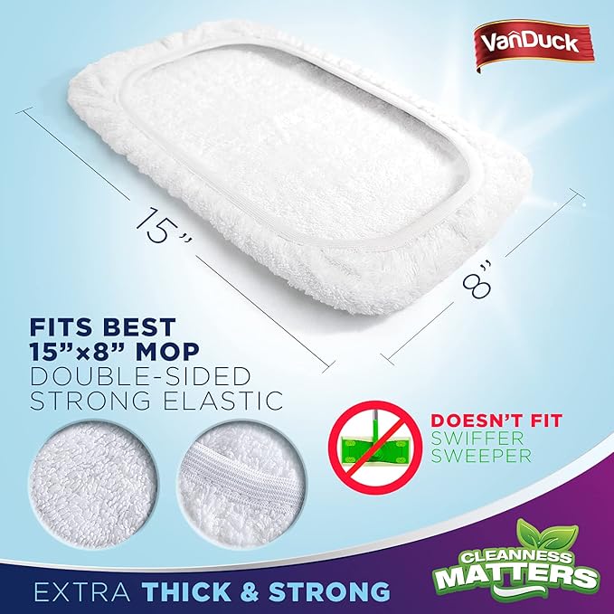 VanDuck 100% Cotton Pad Terry Cloth Mop Refills 15x8 inches, 2 Pack