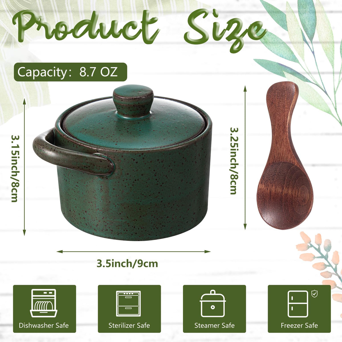Honeydak Speckled Ceramic Salt Cellar with Lid and Wooden Spoon, Rustic Farmhouse Salt Pepper Cellar Holder for Mothers Day, Housewarming Gift, Heavyweight Spices Jar(Green,1 Set)