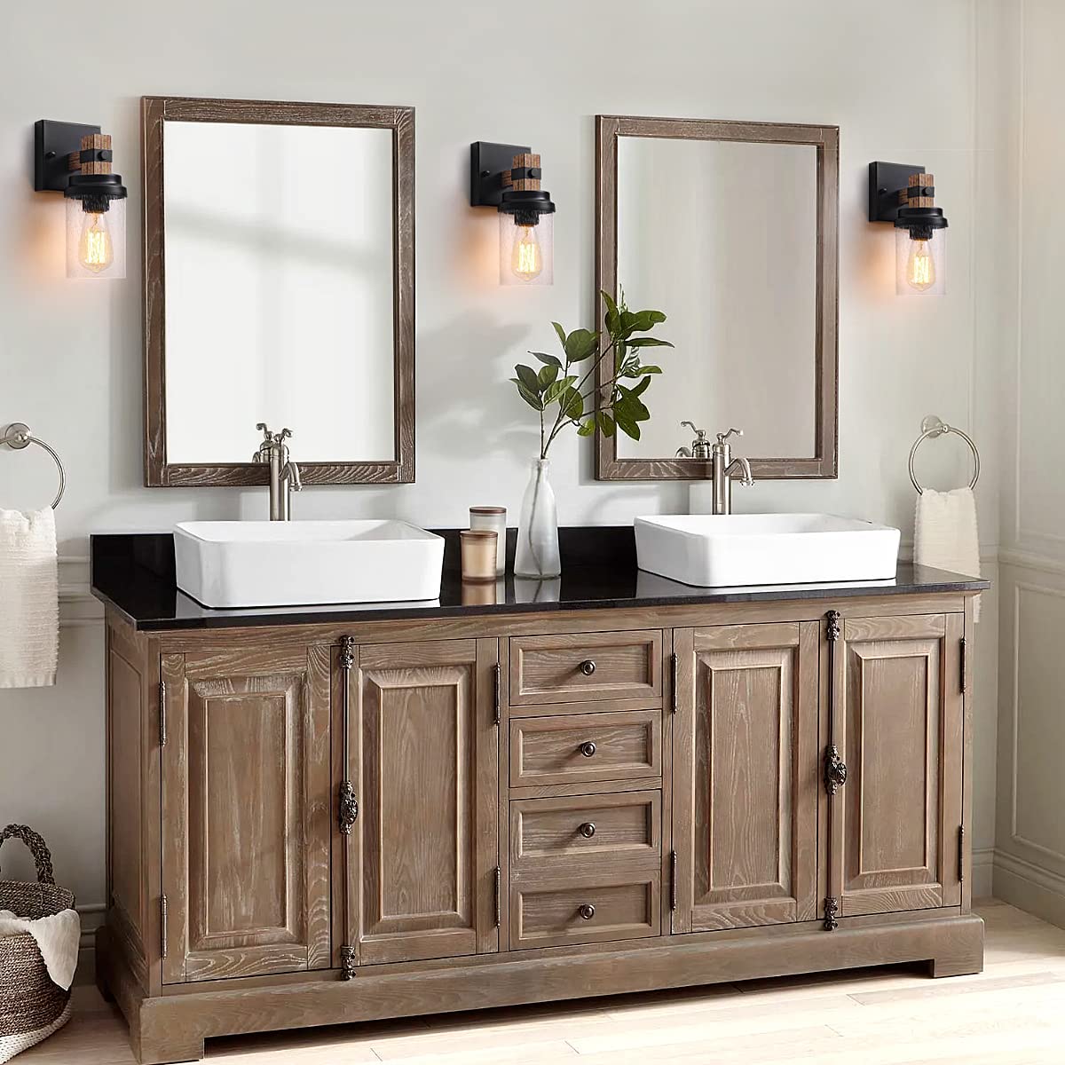1-Light Rustic Wall Sconces Farmhouse Bathroom Light Fixtures Over Mirror, Handmade Wood Vanity Light Fixtures with Pretty Glass Shade, Wall Sconce for Bathroom Hallway Bedroom