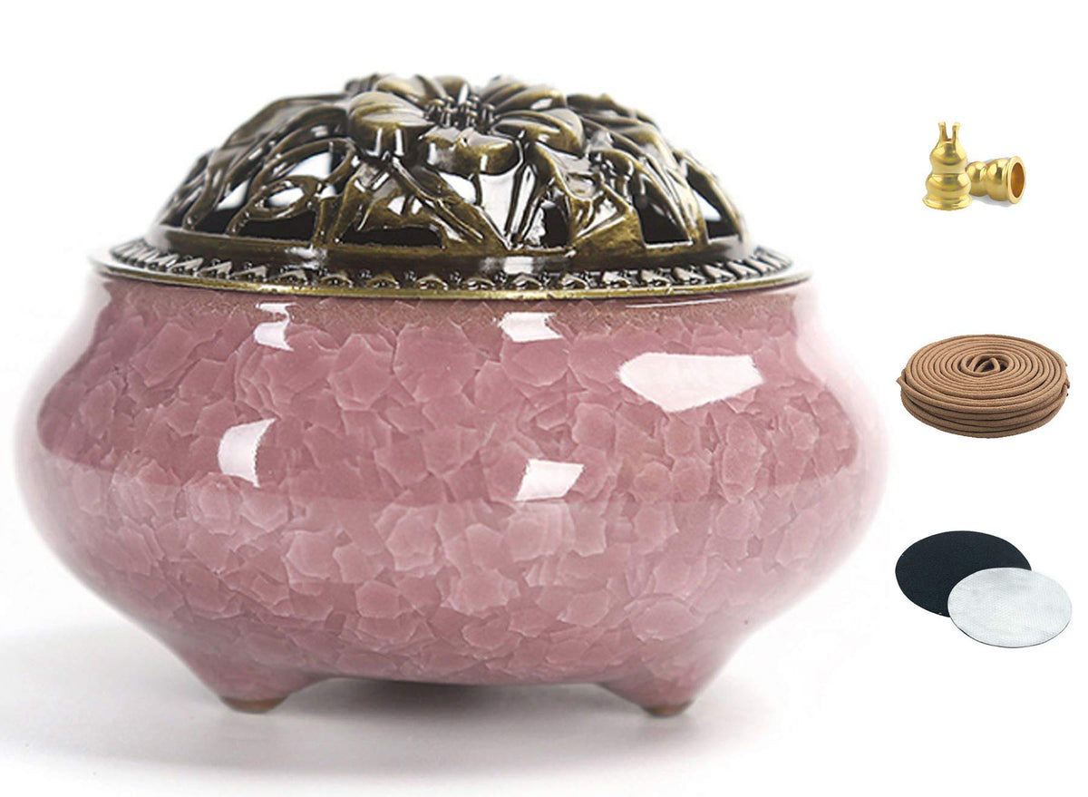 Ceramic Incense Burner with Calabash Incense Holder, 3 in 1 Stick or Cone Coil Incense Burner, Brass Lid for Yoga Spa Meditation