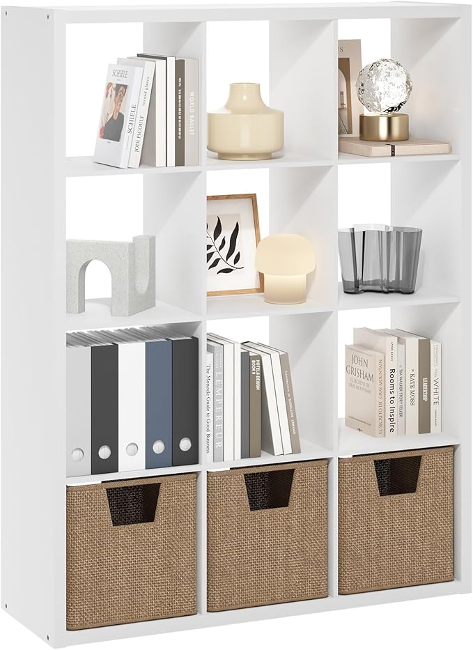 Furinno Cubicle Book Shelf, 12-Cube Bookshelf, Extra Thick Frame Reversible