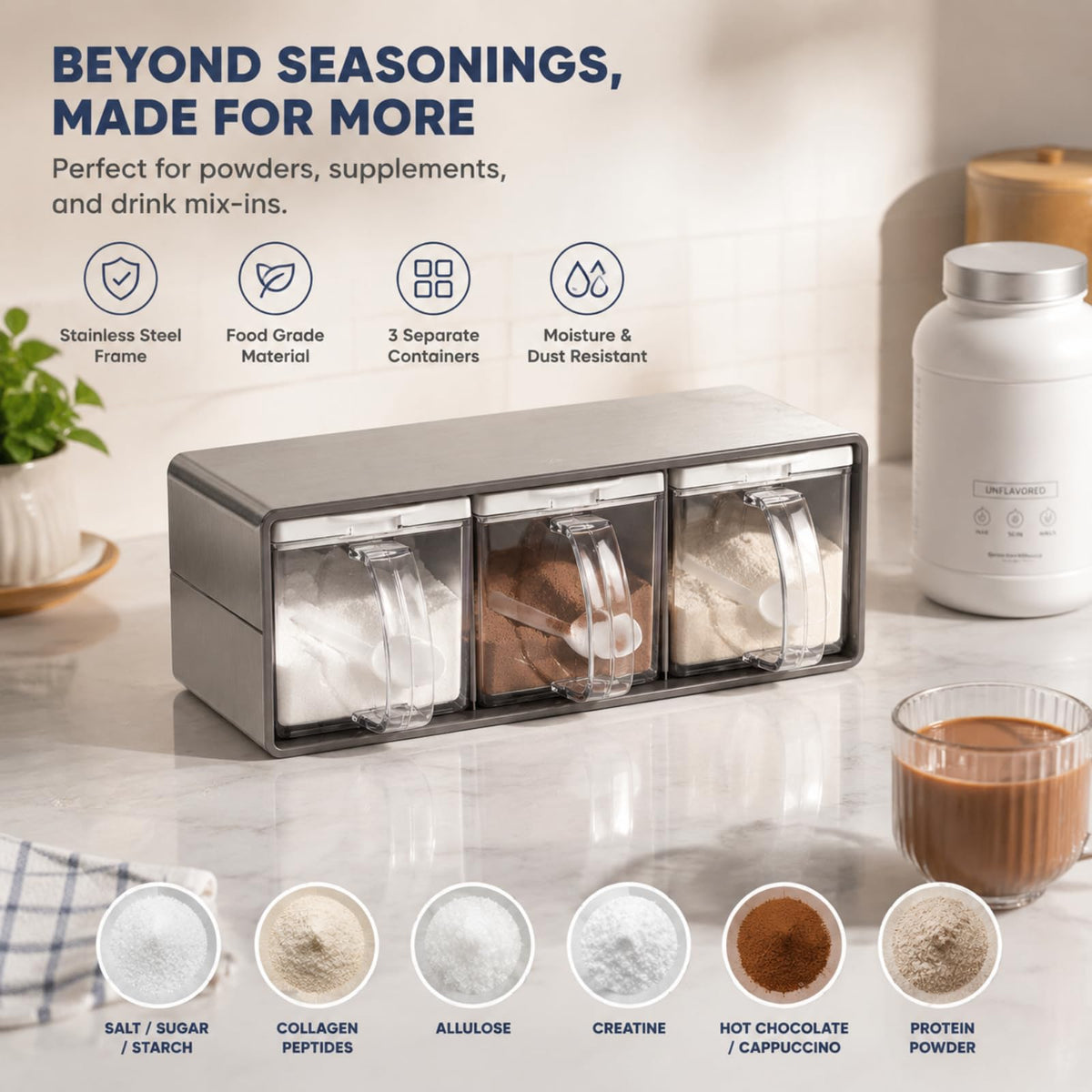 ZENFUN 3 Grids Seasoning Organizer Box, Stainless Steel Salt Container with Lid and Spoon, Seasoning Containers with Stainless Steel Rack for Home, Kitchen, Cafe, Storing Salt, Sugar, Pepper, Spice