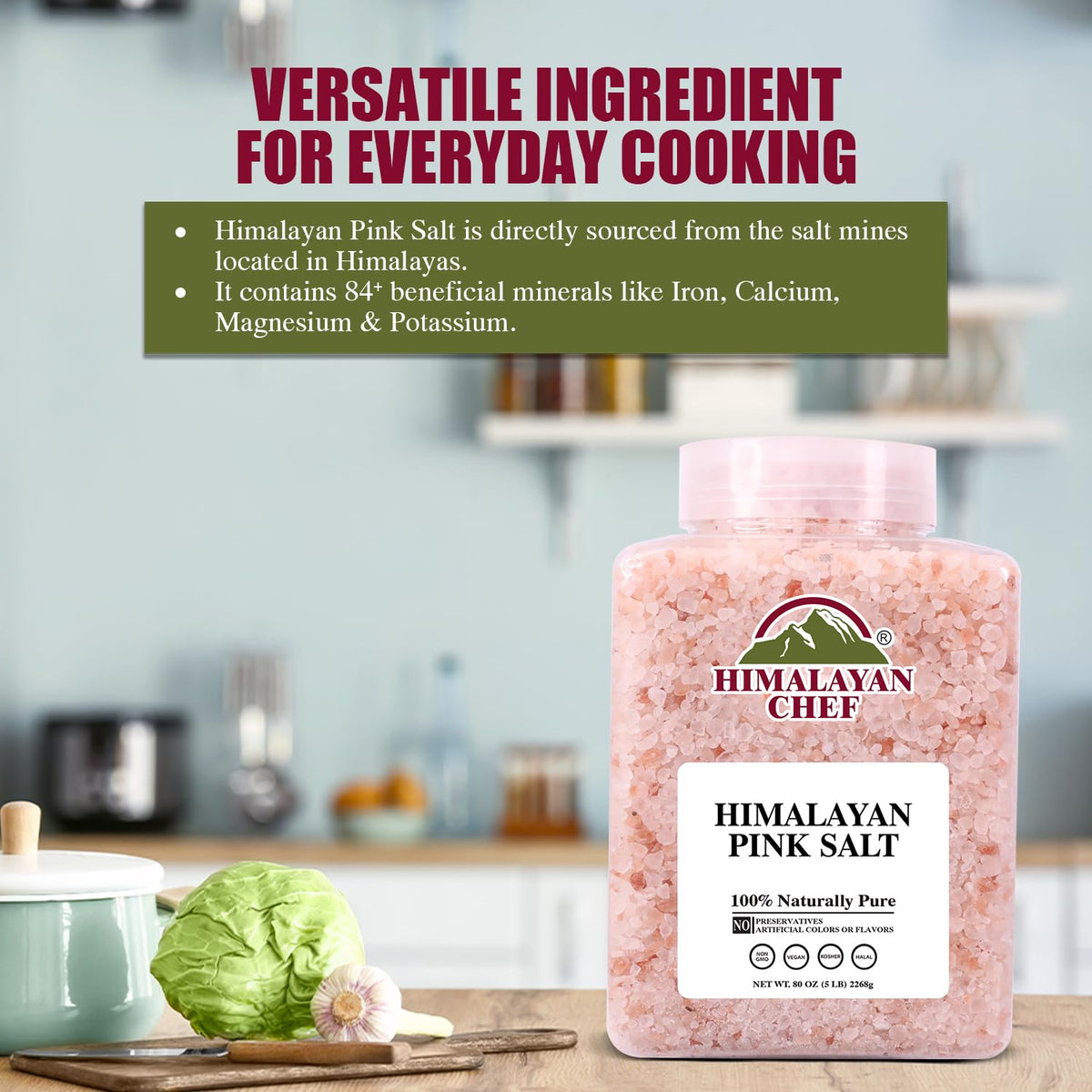 Himalayan Chef Pink Himalayan Salt Coarse Grain, 5 lbs Plastic Jar - Pure, Natural, Kosher, Mineral-Rich, Ideal for Grinder Refills, Cooking, Seasoning