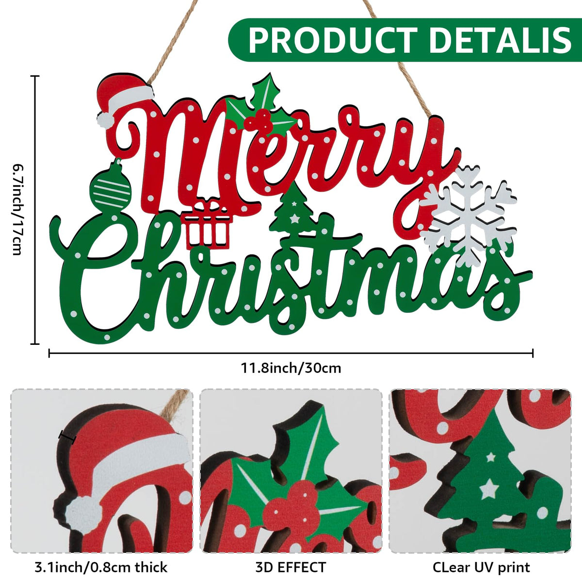 Merry Christmas Sign for Front Door Decor - 2 in 1Wooden 11.8 Inch × 6.7inch Christmas Wreath Wall Hanging or Tabletop Centerpiece for Door, Table, Fireplace