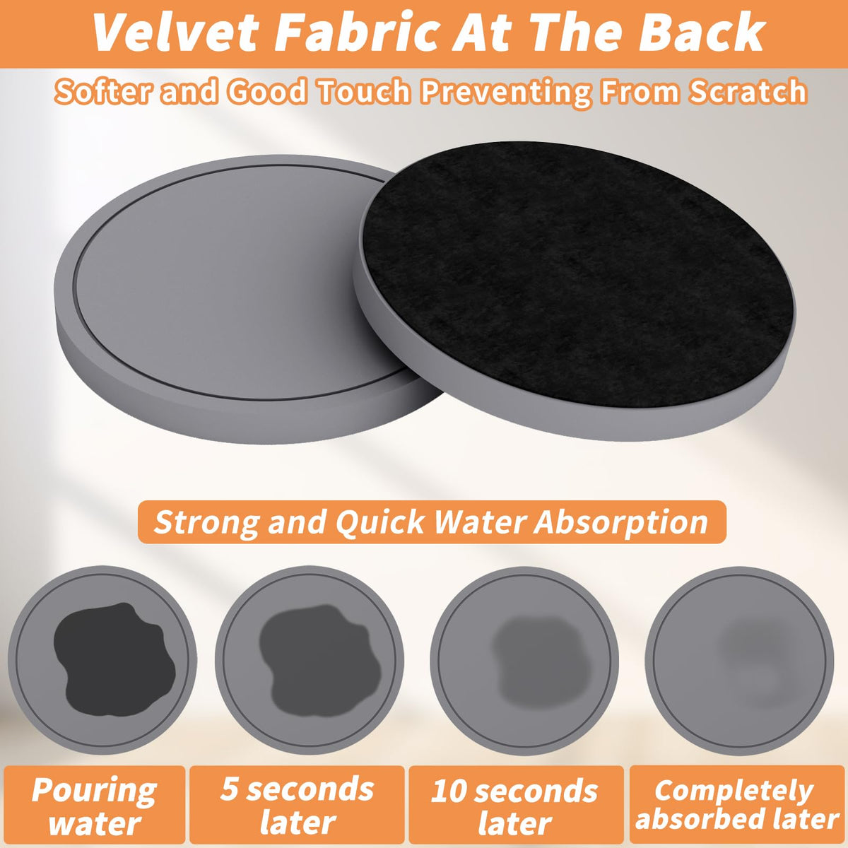 Azhou 6Pcs Super Absorbent Diatomaceous Earth Coasters Set with Holder - Quick-Dry 4 Inch Grey Coasters for Drinks, Heavy Duty Stone Coaster with Velvet Base, Scratch-Proof Home Decor for Coffee Bar
