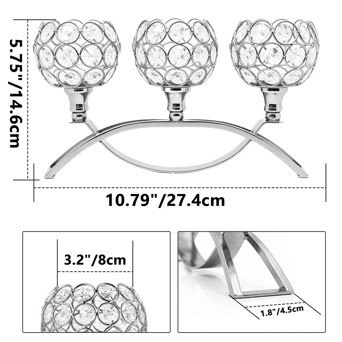 3-Arm Arched Crystal Candelabra, Sliver Candle Holder Table Centerpiece for Wedding, Home Decor, Dining, Party, Thanksgiving & Christmas Decoration(1PCS)