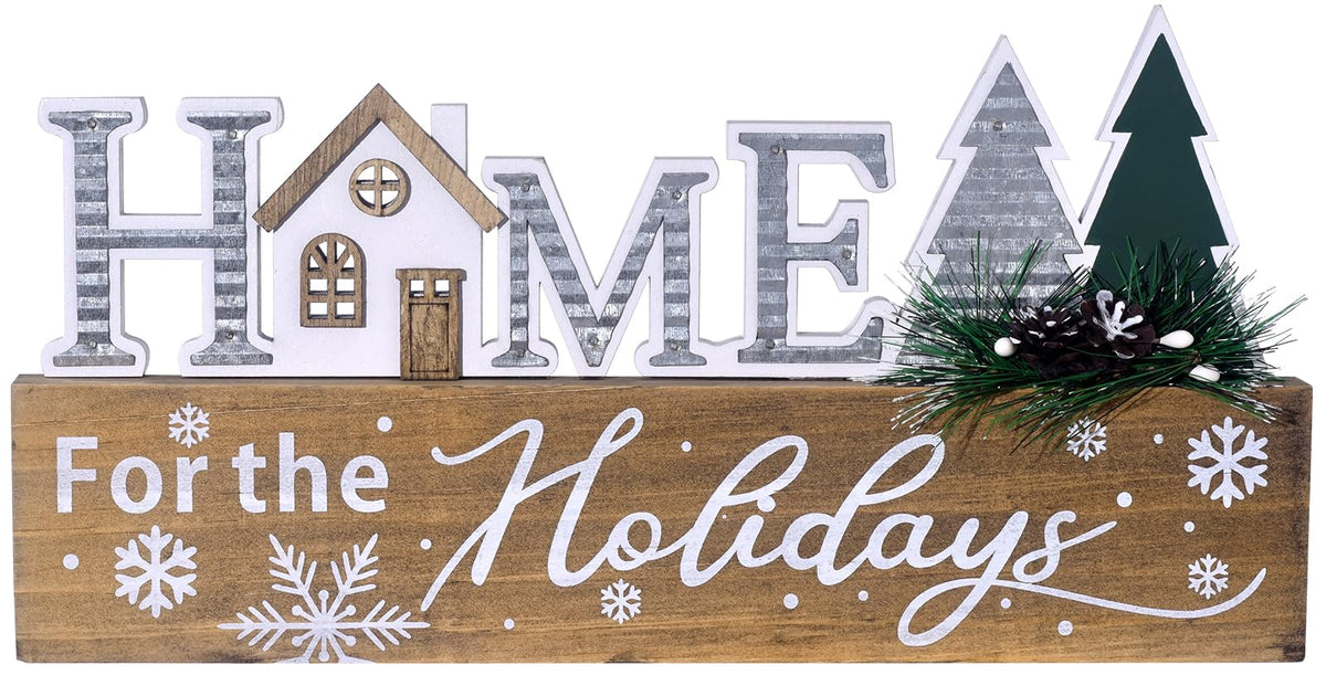 Wooden Christmas Sign Blocks, HOME for the Holiday Quote Table Decor, Xmas Centerpiece Block Sign with Snowflake & Pine Tree, Office Desk Mantle Decoration (BROWN)