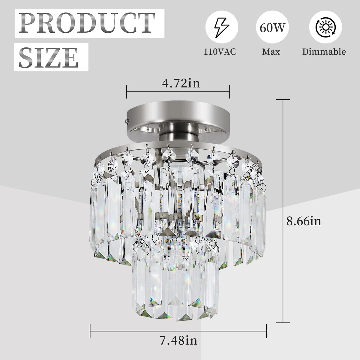 XPEHK Crystal Ceiling Chandelier,Mini Chandelier Light Fixture with K9 Crystals,Brushed Nickel Finish for Living Room Entryway Bedroom Laundry Room,1-Light E26 Base