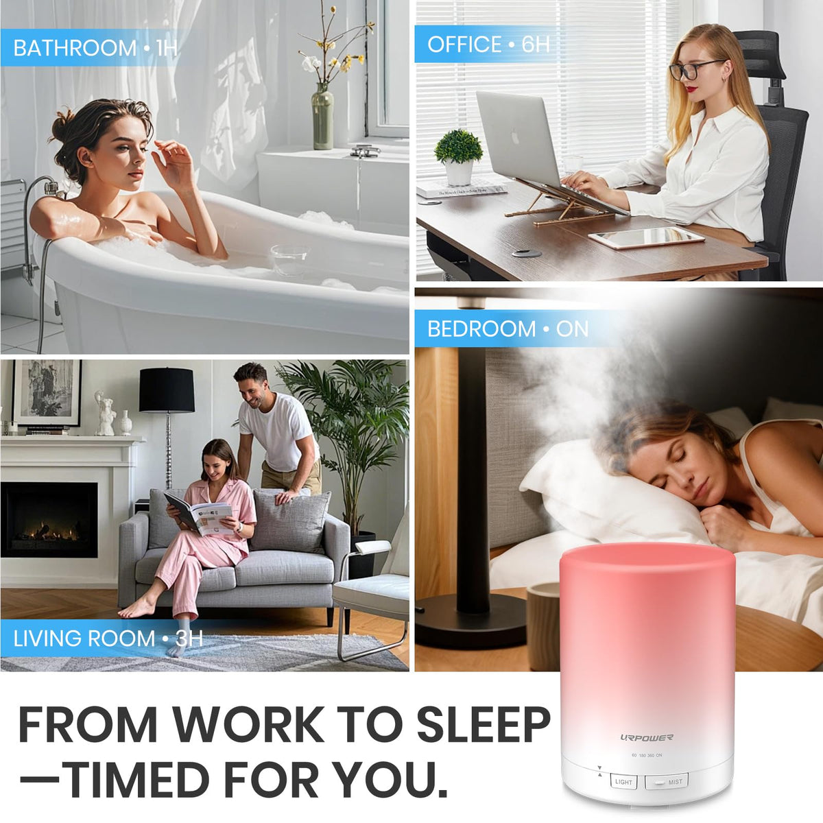 URPOWER 300ml Essential Oil Diffuser: Ultrasonic Aromatherapy Diffuser Quiet Auto Shut-Off, 4 Timer Settings(1H 3H 6H ON) & 7-Color Night Light Humidifier for Yoga Bedroom Living Room Office