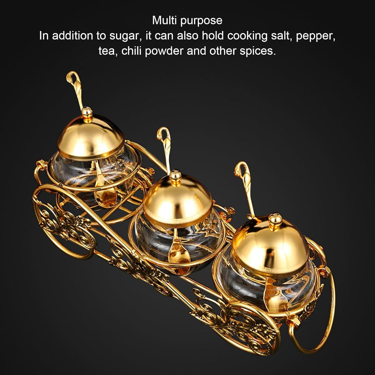 Golden Sugar Jar,European Crystal Sugar Bowl Kitchen Condiment Containers Seasoning Storage Pot Sauce Bottle Seasoning Jar with Lid Spoon