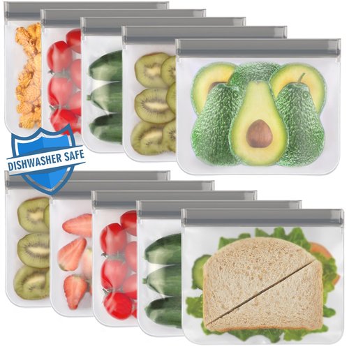 Lerine 10 Pack Reusable Sandwich Bags Dishwasher Safe, BPA Free Reusable Quart Bags, Extra Thick Leak-proof Freezer Bags for Marinate Meats, Cereal, Travel Items, Home Organization (Gray, 10 Sandwich)
