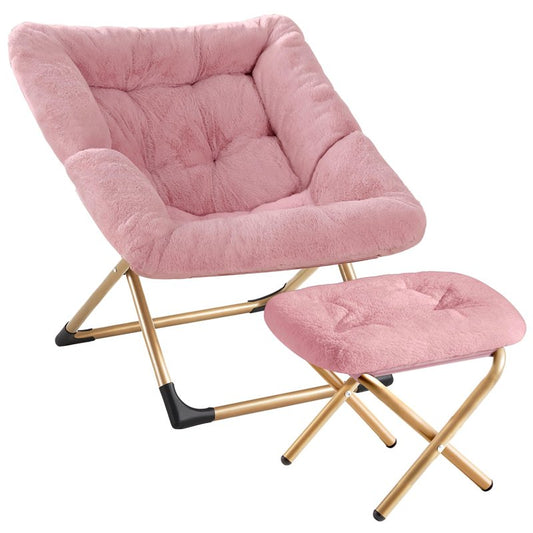 Youtanic Comfy Oversized Saucer Chair with Ottoman,Soft Faux Fur Reading Lounge Chair for Adults,Stable X-Large Metal Frame and Non-Slip Pad,Cozy Chair for Bedroom, Living Room, Dorm, Office, Pink