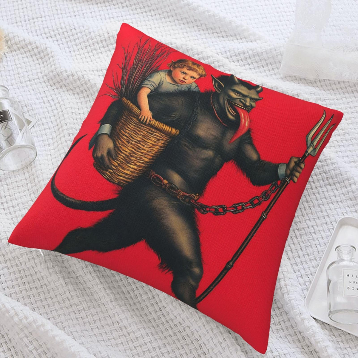 Yaateeh Krampus Christmas Folklore Red Throw Pillow Covers Decorative 18x18 Inch Pillowcase Square Cushion Cases for Home Sofa Bedroom Livingroom