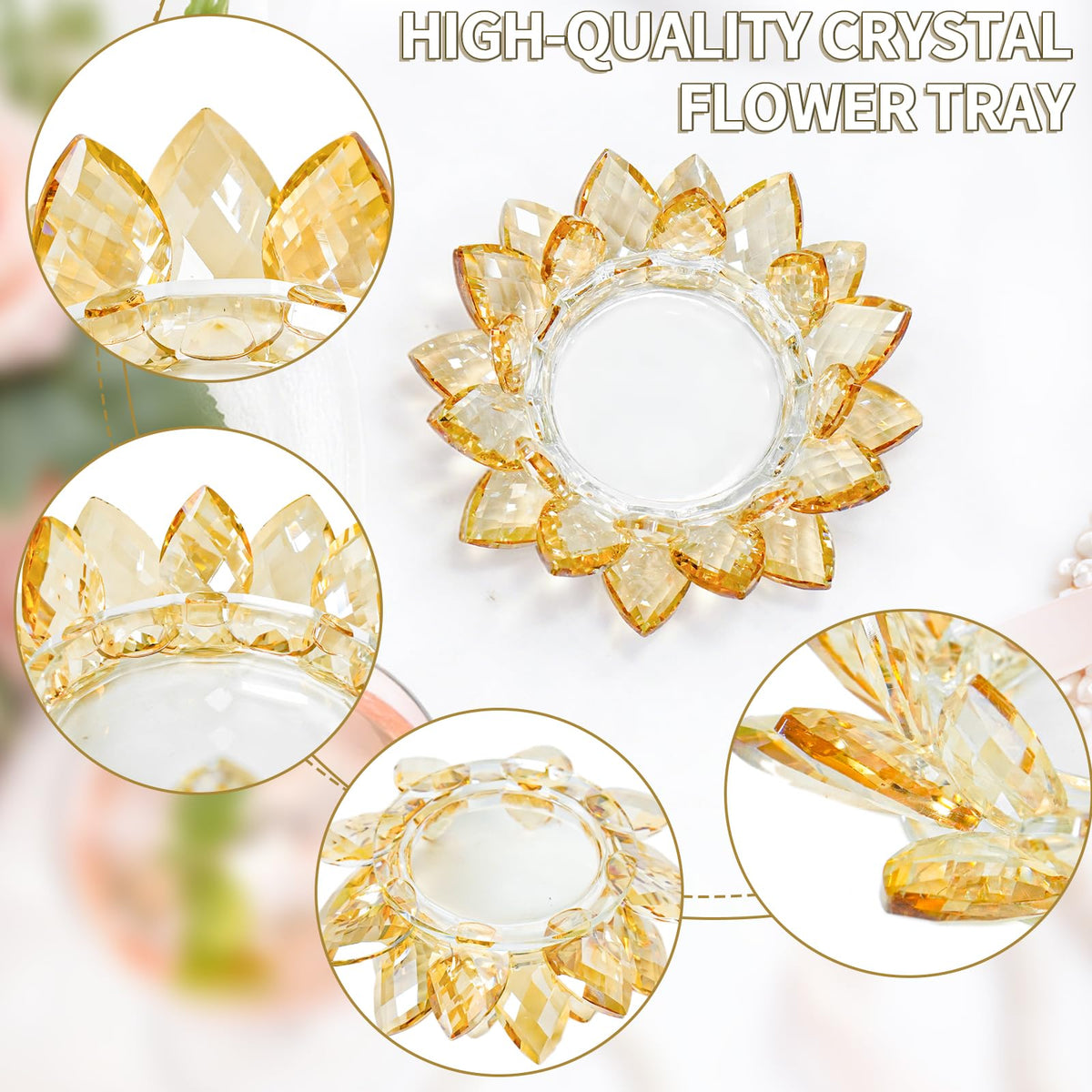 Large Crystal Lotus Tealight Candle Holder for Up to 6" Diameter Pillar Candle Plate Candlestick,Chunky Glass Votive Stand for Wedding, Party, Table Centerpiece Decor and Yoga Meditation (2, Gold)