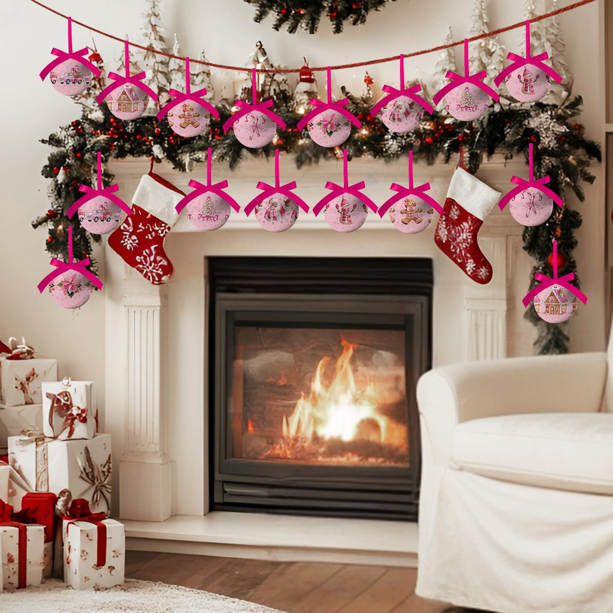 Pink Christmas Decor - Pink Christmas Tree Decorations Snowman Santa Candy Hanging Ornaments Balls, Cute Decorations Ball 1.18 Inch for Xmas Tree Party Home Holiday，Xmas Gifts Set of 16Pcs