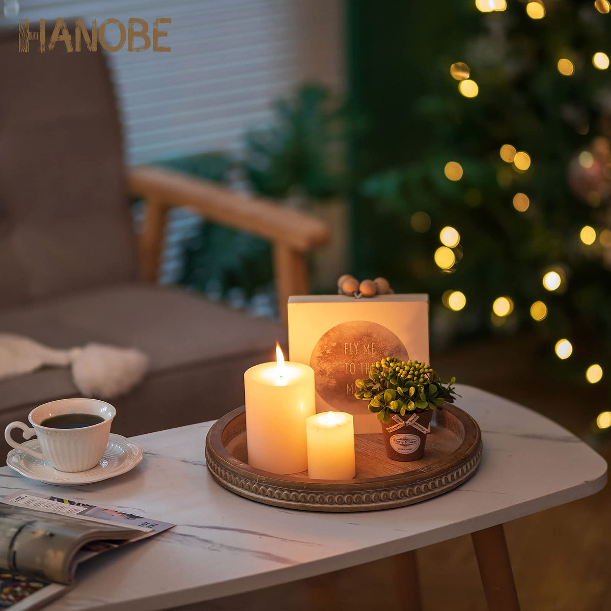 Hanobe Round Wooden Tray Decor: Decorative Candle Plate Holder Tray for Coffee Table - Rustic Farmhouse Table Centerpiece for Home Living Room Kitchen Counter(Brown)