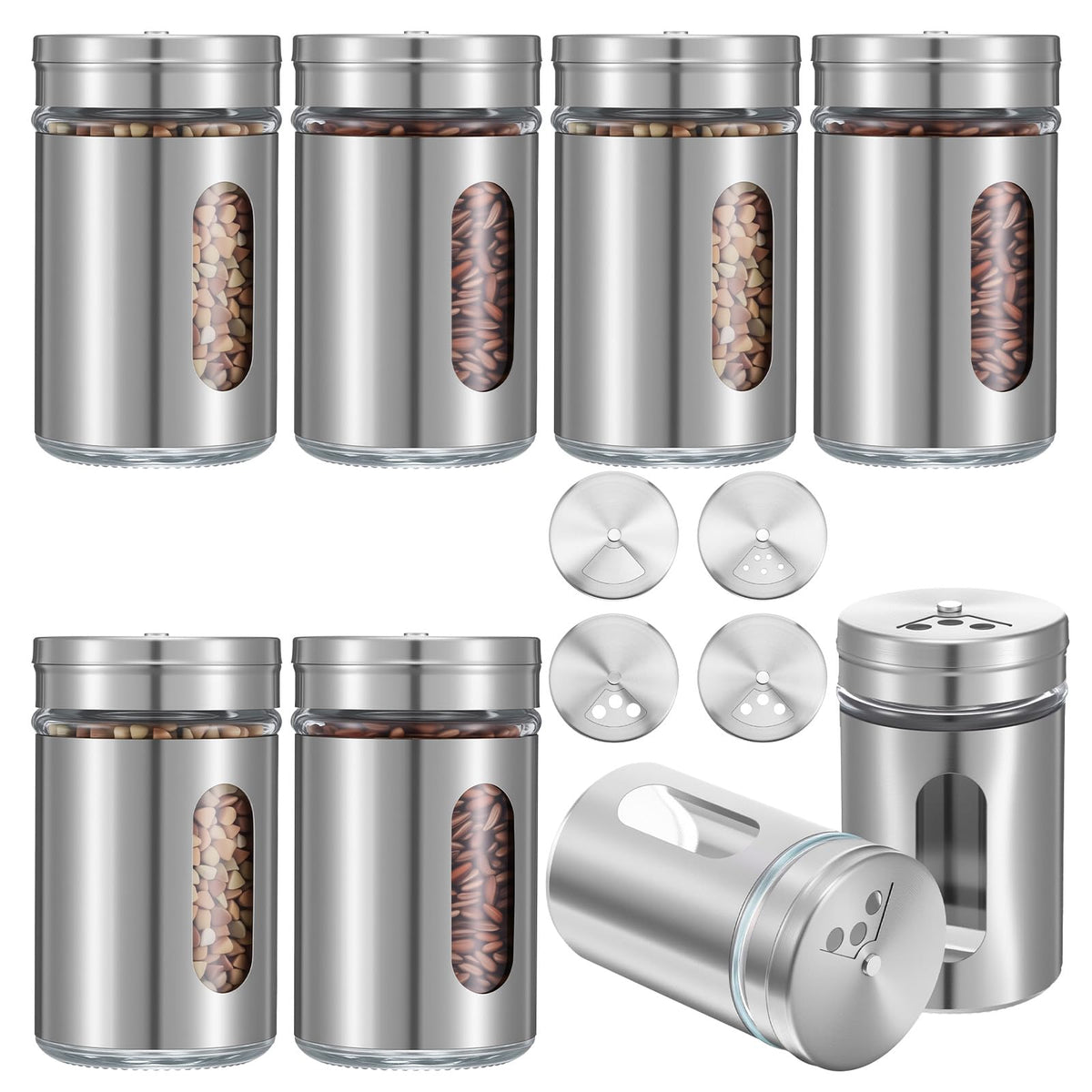 8 Pcs Premium Stainless Steel Salt and Pepper Shakers Set – Salt and Pepper Shakers,Stainless Steel Shaker for Salt Powder Sugar Cinnamon Pepper, Spice Dispenser with Adjustable Pour Holes, Silver