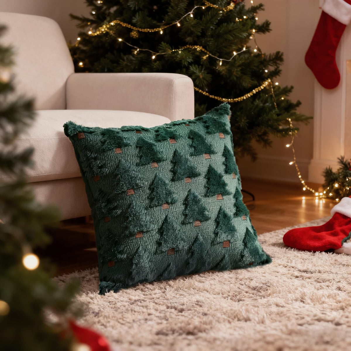 HDVUHKI Christmas Throw Pillow Covers 18x18 inch Set of 4, Green Xmas Tree Holiday Winter Living Room Soft Fluffy Plush Faux Fur Wool Decorations for Sofa Couch Bed