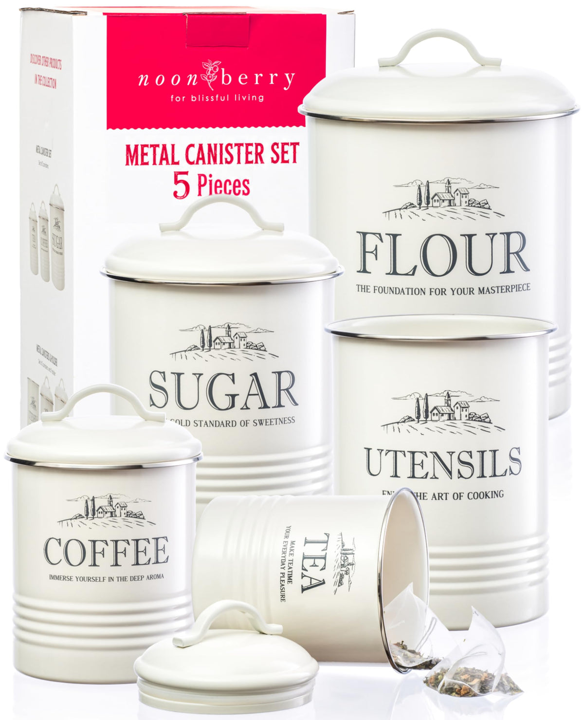 noonberry Kitchen Canisters for Countertop - 5-Piece Airtight Flour Sugar Coffee Tea Kitchen Canister Set with Utensil Holder - Sugar and Flour Containers for Kitchen Counter, Cream-White Finish