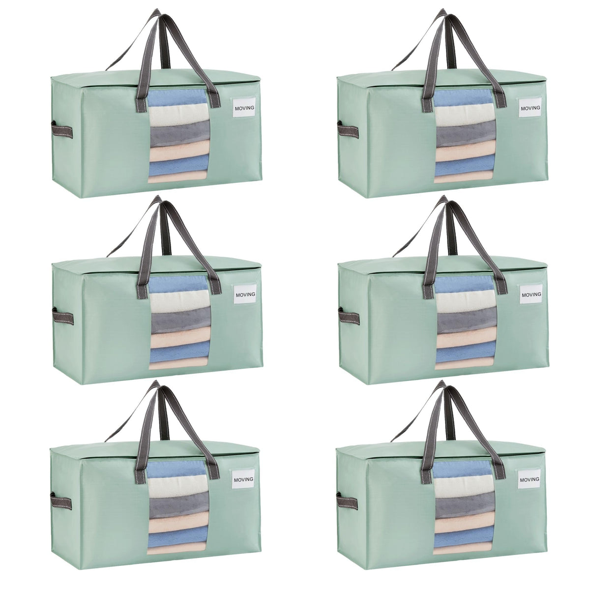 VENO 6 Pack Heavy Duty Moving Bags, Clothes and Comforter Storage Bags with Clear Window, College Dorm Essentials Packing Supplies, Foldable Boxes Alternative (Light Green Matte, 6 Pack)