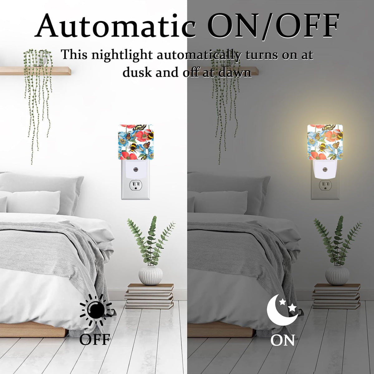 Red Poppy Flowers with Bee Butterflies Night Light for Kids,Bright Floral Insects Night Light Plug in with Dusk to Dawn Sensor,0.5w Energy Saving Nightlight for Hallway Stairway Kitchen Bedroom