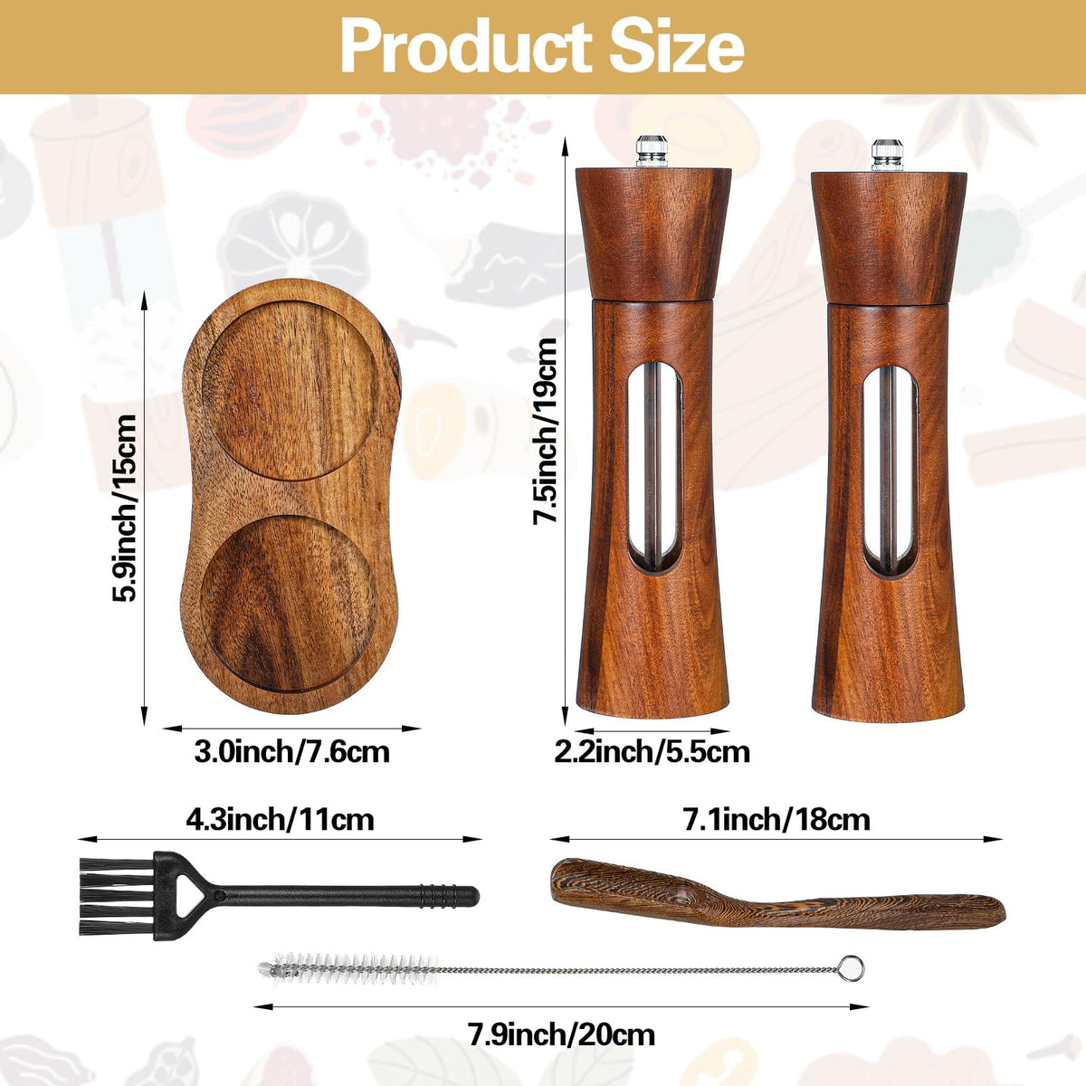 Wood Salt and Pepper Grinder Set, 8 inch Manual Refillable Wooden Salt and Pepper Shakers Mill with Brush, Tray and Spoon, Adjustable Coarseness, Solid Wood with Ceramic Stainless Steel Core
