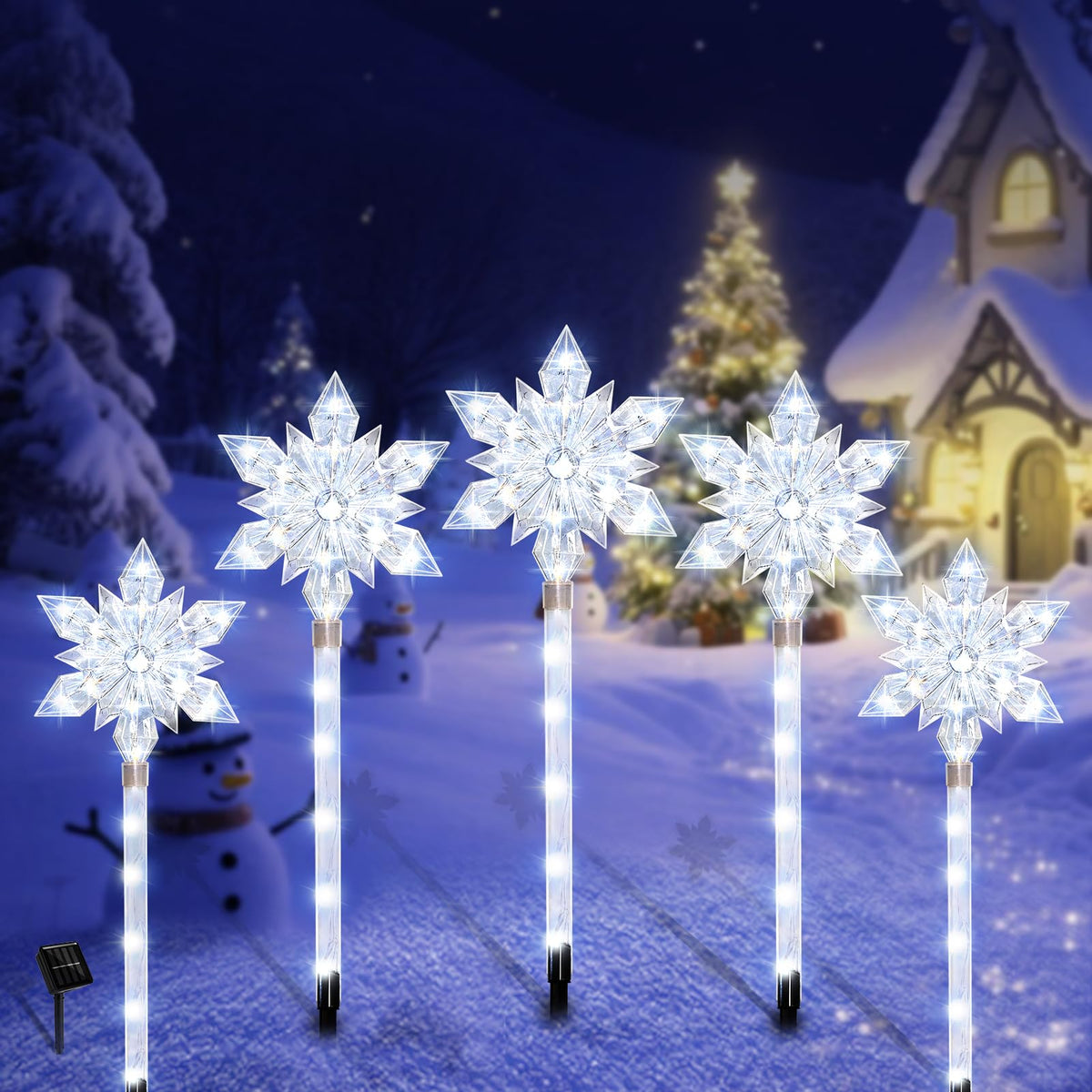 VOGVOG Snowflake Solar Christmas Pathway Lights, Set of 5 LED Outdoor Stake Lights, Waterproof Christmas Decorations for Garden, Yard, Lawn, Walkway, Patio Decor (Cold, 5pcs)