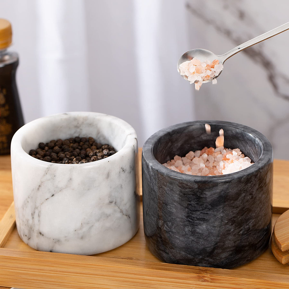 NHKRTE Marble Salt Cellar with Lid & Spoon, 11oz Salt and Pepper bowls, Handcrafted from Natural Marble, Smooth Inside (White)