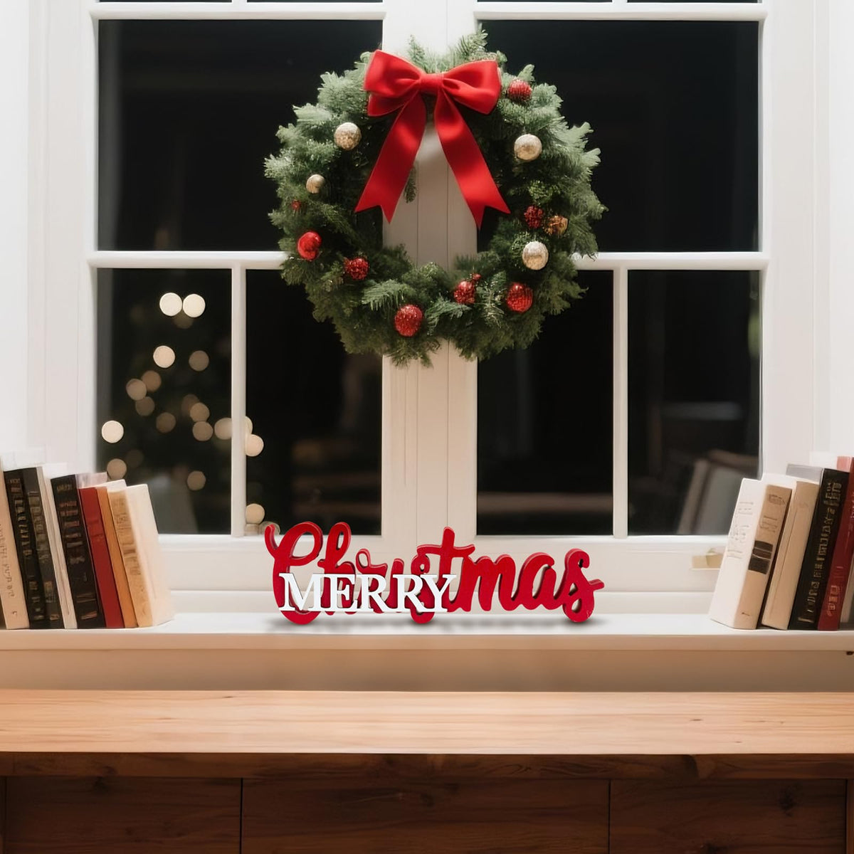 Christmas Centerpieces for Table - Wooden Merry Christmas Sign with Red & White Accents, Festive Tabletop and Mantel Decor for Dining Room, Shelf, Tray, Dinner Party Centerpiece