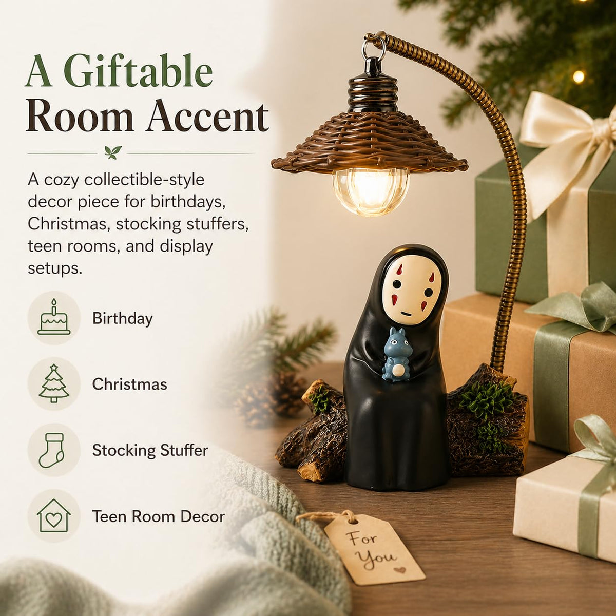 Amallino No Face Lamp, No Face Night Light, Mini Resin Anime Desk Lamp, Battery Operated Cute Room Decor Gift for Bedroom Shelf Office