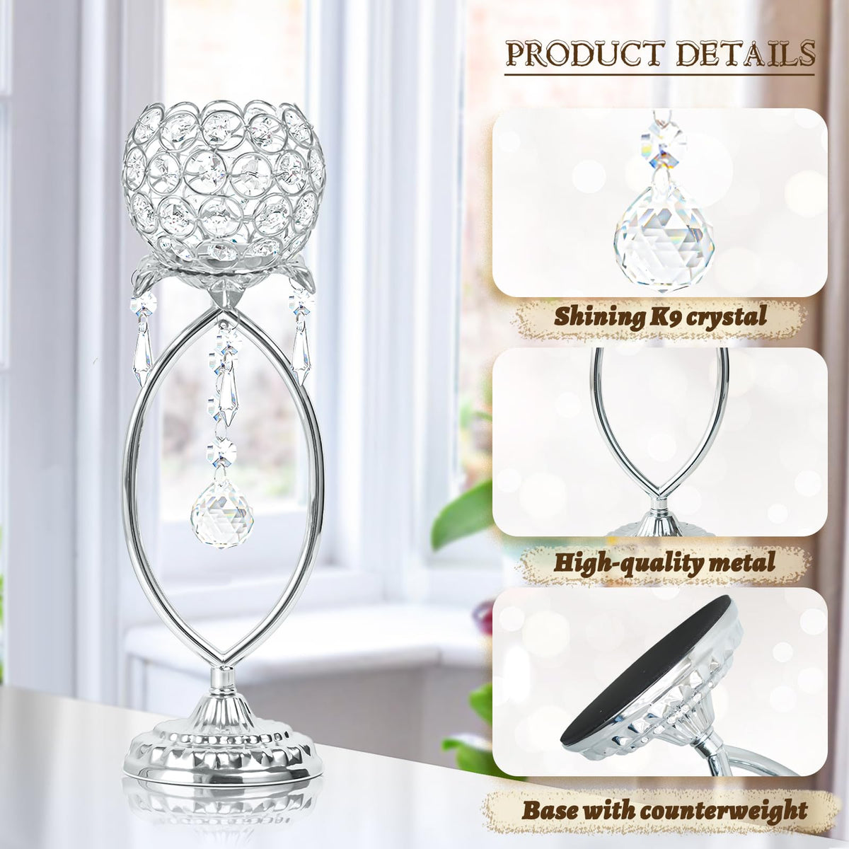 kehail 2 Pcs Silver Elegant Metal Crystal Tea Light Candle Holders with Crystal Pendants, Hollow Design - Wedding Table Centerpieces for Anniversary Birthday Party, Home Decor