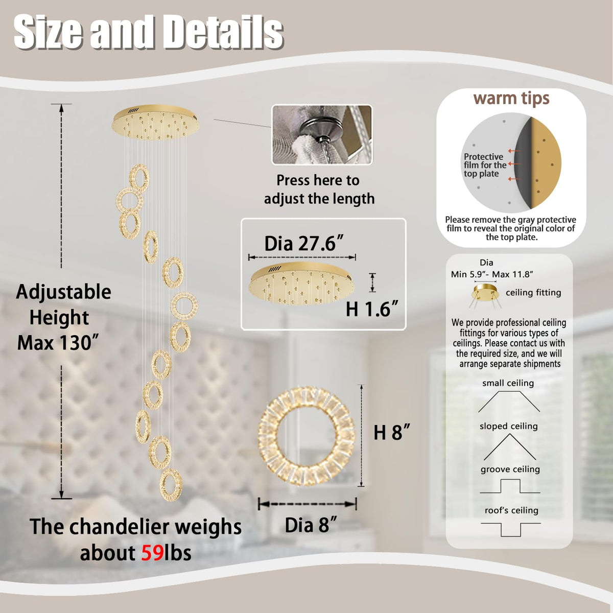 ykolupty 16 Rings High Ceiling Chandelier,Crystal Rings Chandelier,Staircase Chandeliers for High Ceilings,Foyer Chandeliers Entryway High Ceilings