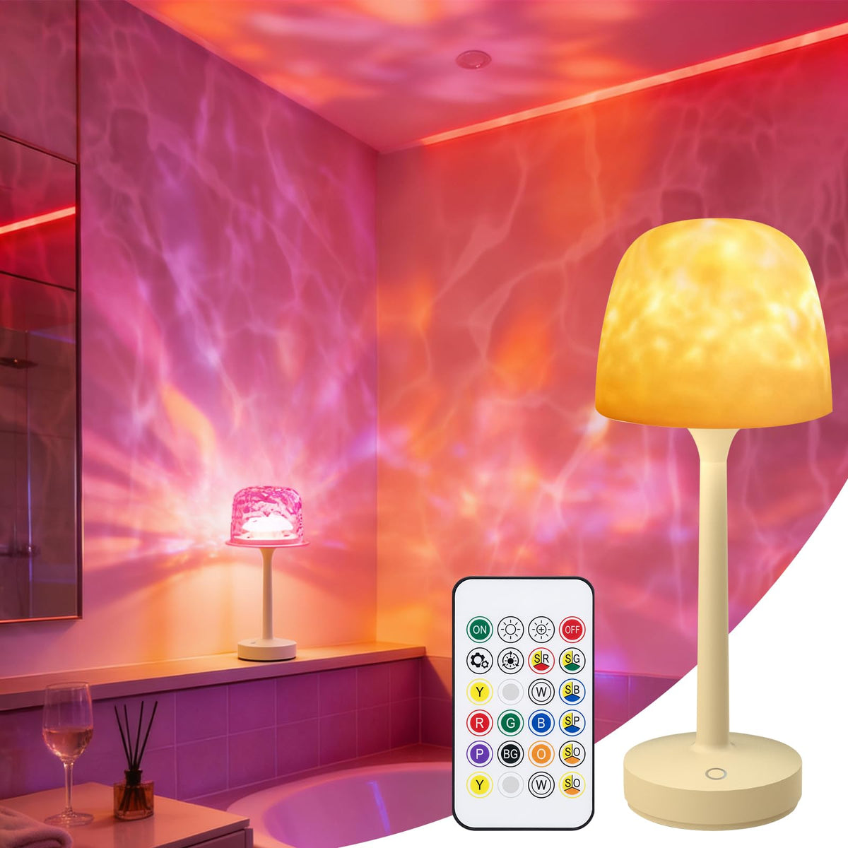 Waterproof Bathroom Shower Lamp with Ocean Wave Projector, 2-in-1 Table Night Light, 16 RGB Colors, 3 White Modes, 5000mAh Rechargeable USB-C Lamp with Touch & Remote for Spa Shower, Bedroom, Gifts