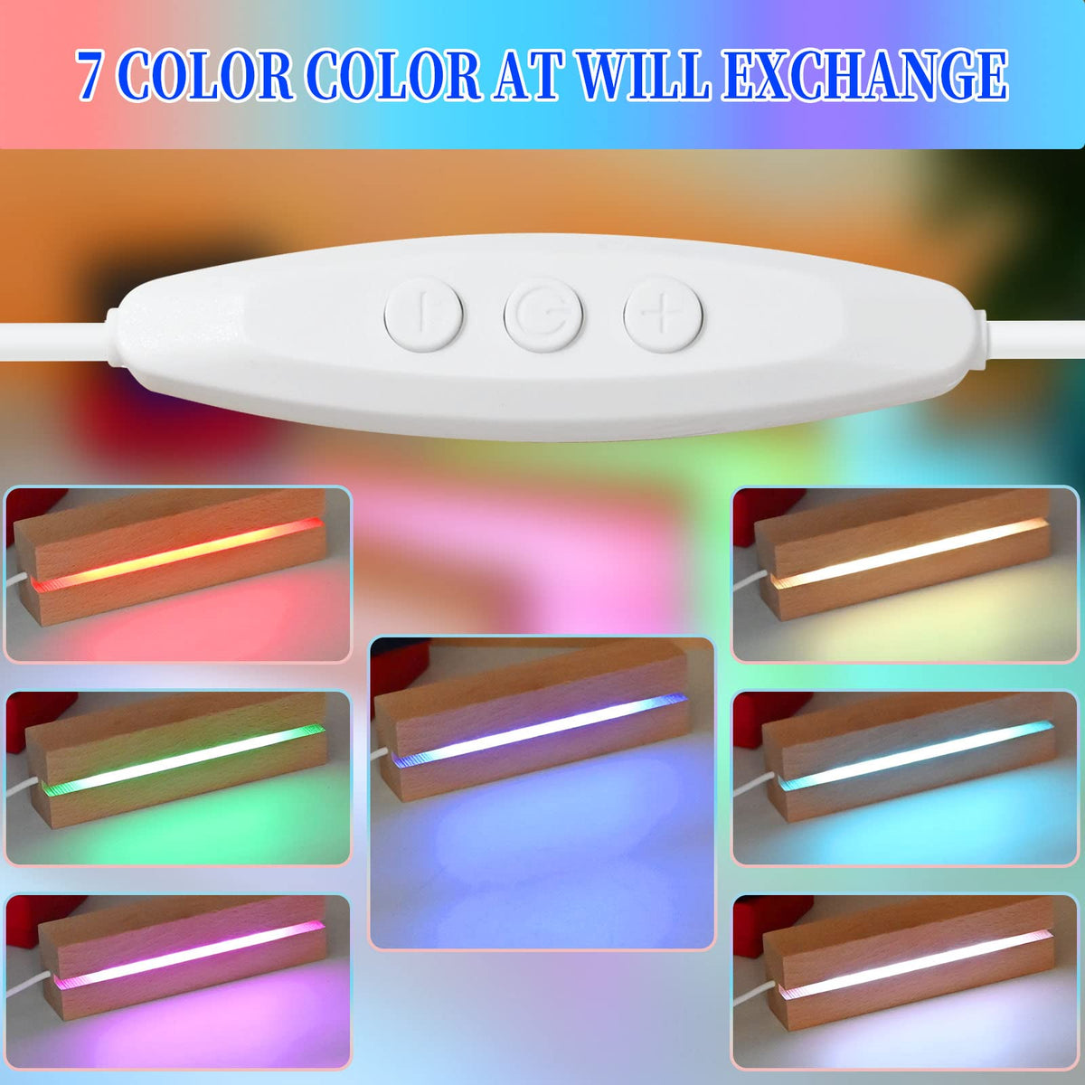 EATAKWARD 4 Pcs 5.9 Inch Wood Rectangle Light Display Pedestal, Wooden LED Display Base Dimmable Colorful Lights Lamp Stand for Acrylic, Crystal, Night Light, Glass Resin Art with USB Cable