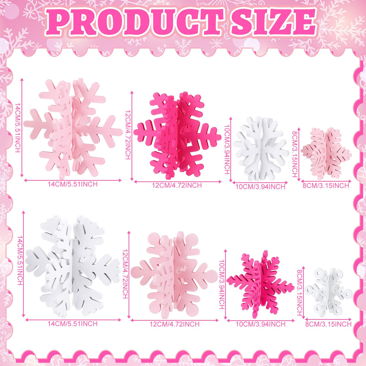Wenqik 16 Pcs Winter Wooden Snowflake Decor Christmas Winter Snowflake Tabletop Decorations 3D Snow Table Signs Standing Centerpiece Xmas Tiered Tray Decorations for Party(White,Pink)
